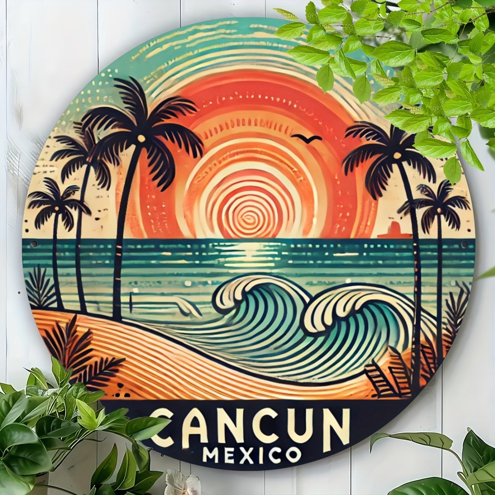 Cancun Mexico Beach Scenery Vintage Metal Round 2D Sign Wall Art