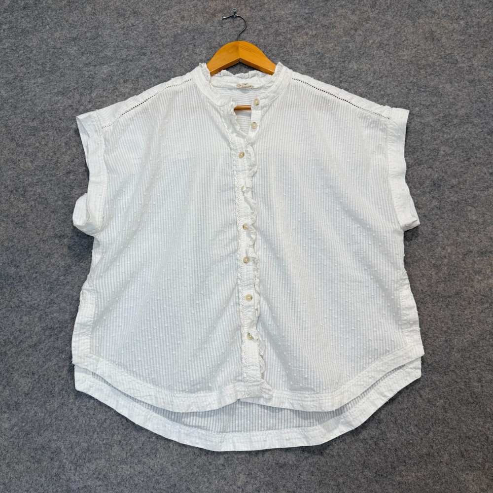 Anthropologie Pilcro Oversized Ruffled Blouse Top Womens Large White Button Up