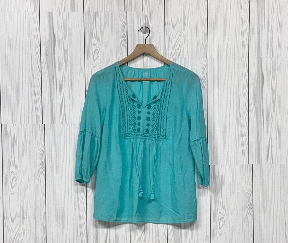 St Johns Bay blouse womens size small long sleeve boho top blue