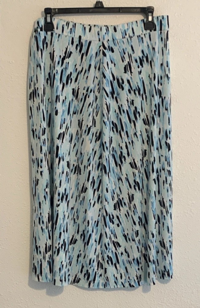 Kasper Blue Black White Abstract Pleated Midi Skirt Elastic Waist Women L
