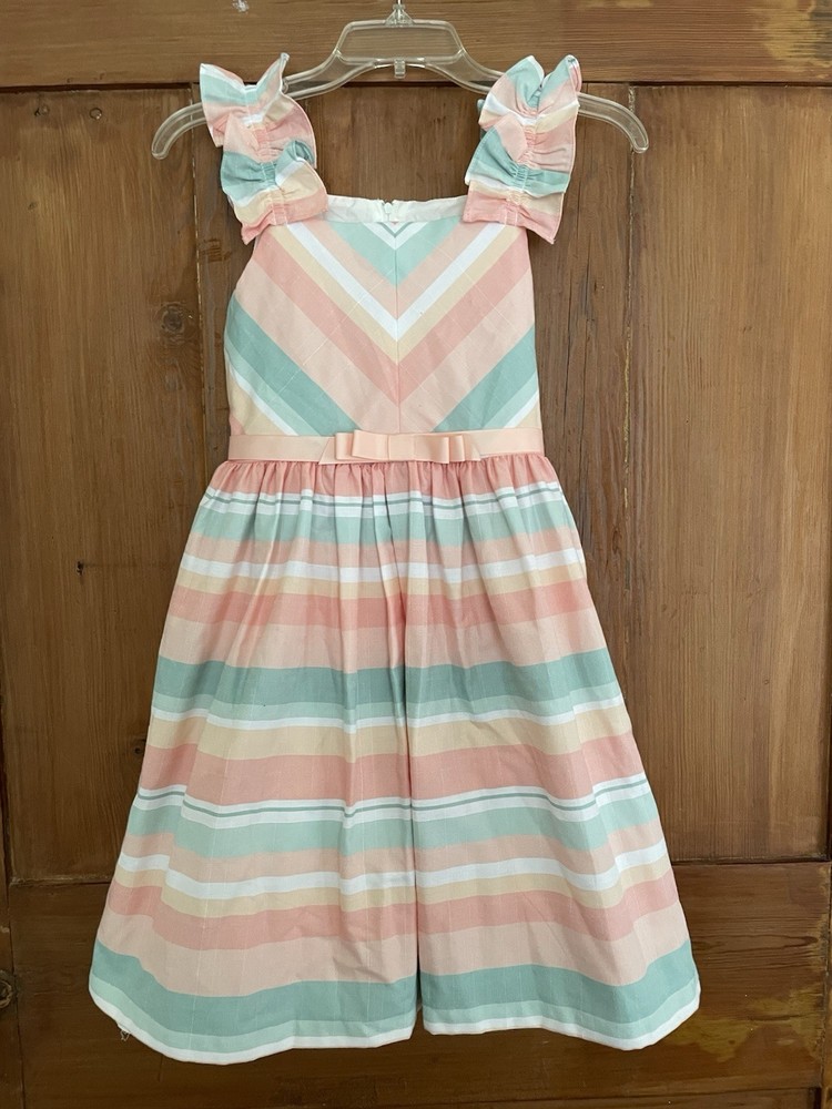 Girl’s Bonnie Jean Pink Peach Mint Green Dress Size 12 Chevron Stripes