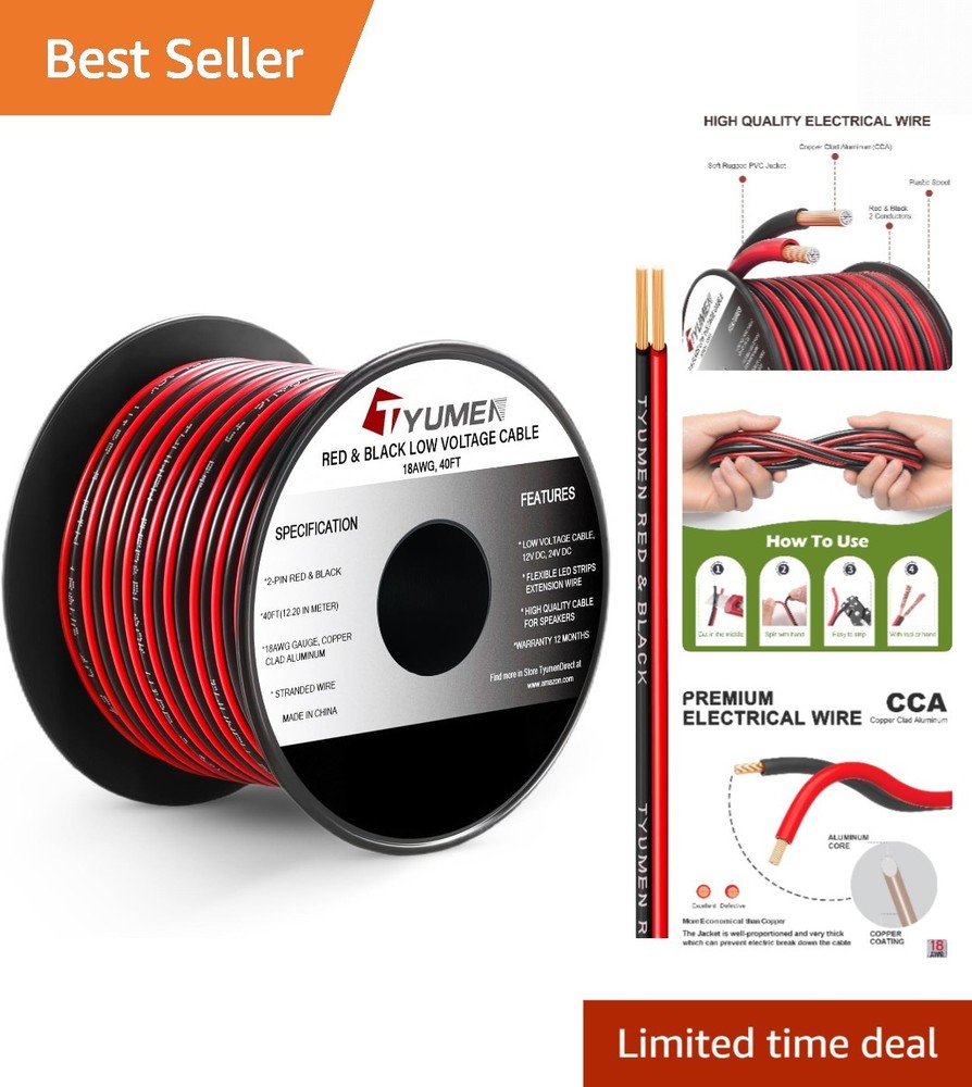 40FT 18 Gauge 2pin 2 Color Red Black Cable Hookup Electrical Wire LED Strips ...