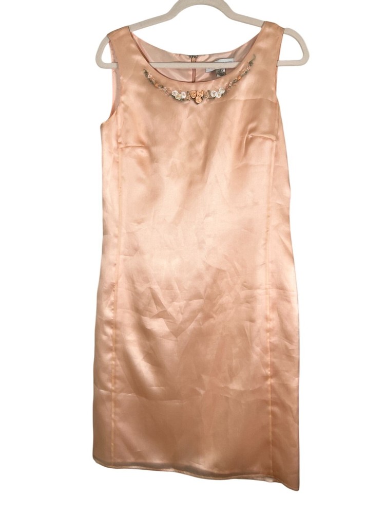 Retro Silk Sheath Floral Embroidery Midi Dress 6 Peach Chic Feminine Coquette