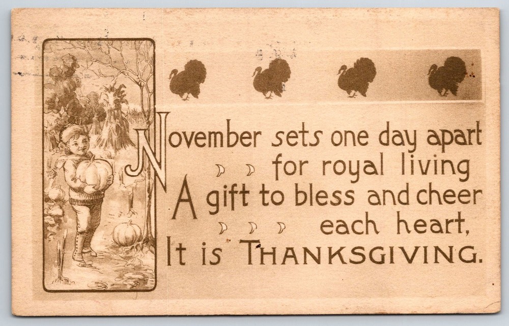 Holiday~Thanksgiving~Child Holding Pumpkin In Frame~PM 1910~Vintage Postcard