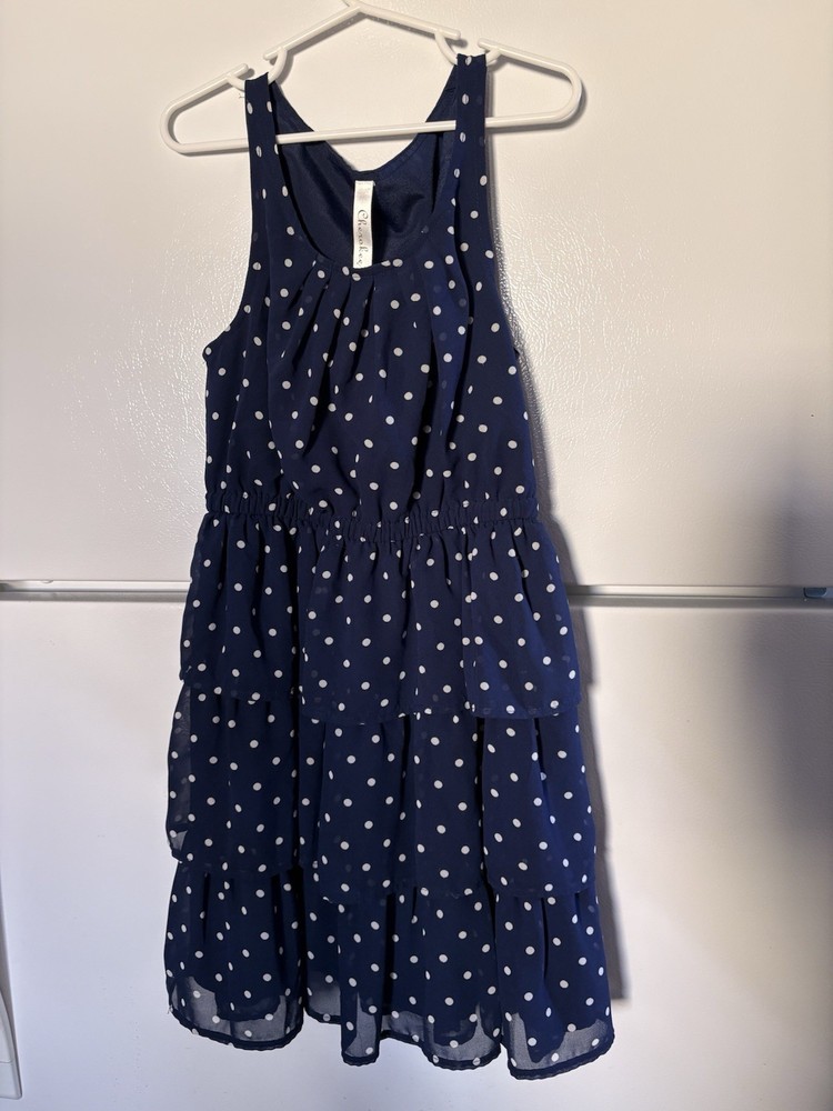Cherokee Girls Polka Dot Tiered Dress Navy Blue White Sleeveless Size 7/8