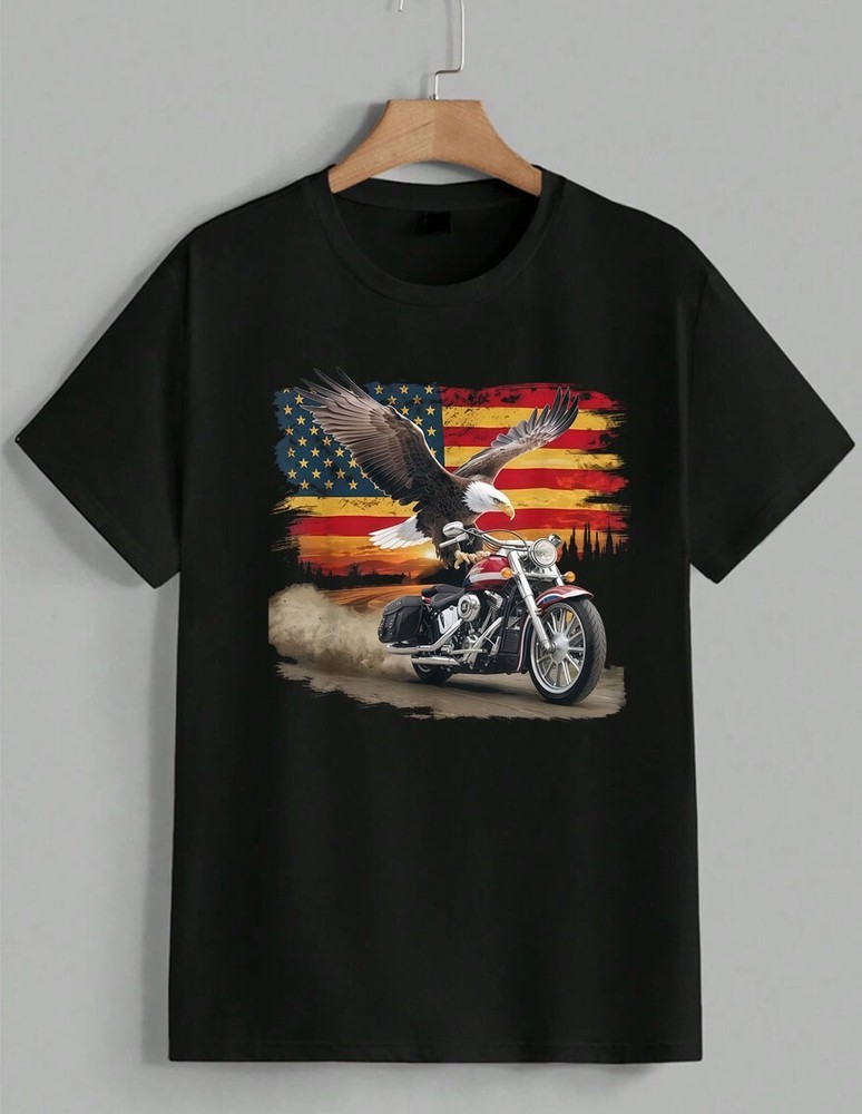 American Flag Eagle Motorcycle T-Shirt USA Patriotic Biker Graphic Tee Unisex