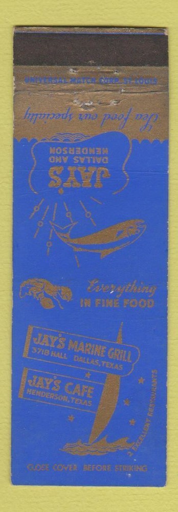 Matchbook Cover - Jay's Marine Grill Cafe Henderson Dallas TX
