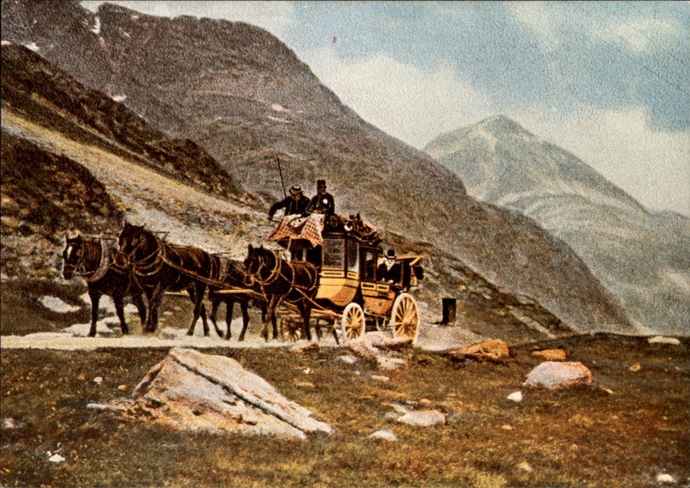 Stagecoach Julier Pass Graubunden Switzerland vintage art postcard b388