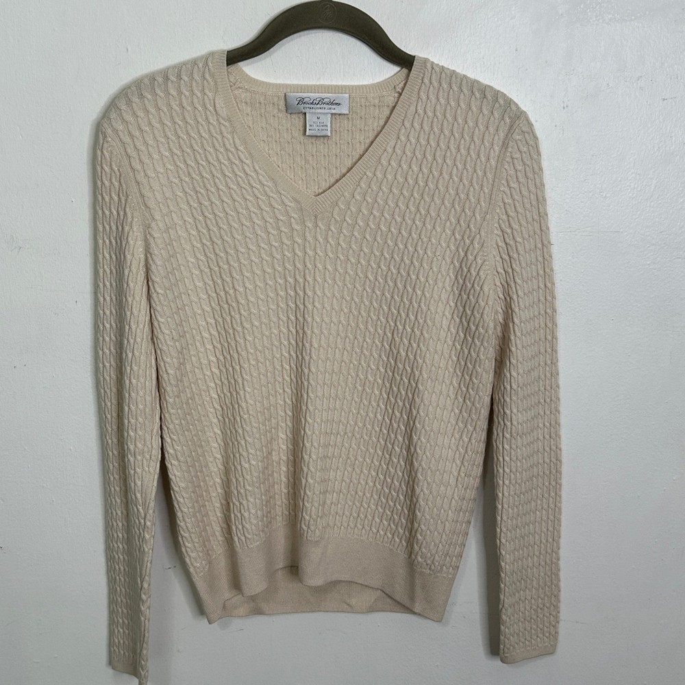 Brooks Brothers Womens Silk Cashmere V-Neck Cable Knit Sweater Cream Ivory Med