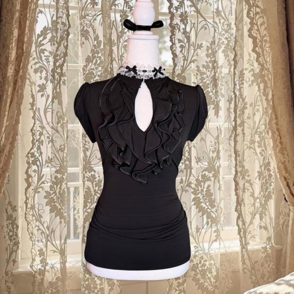 Vintage Y2K Whimsygoth Black Ruffle Bell Sleeve Top