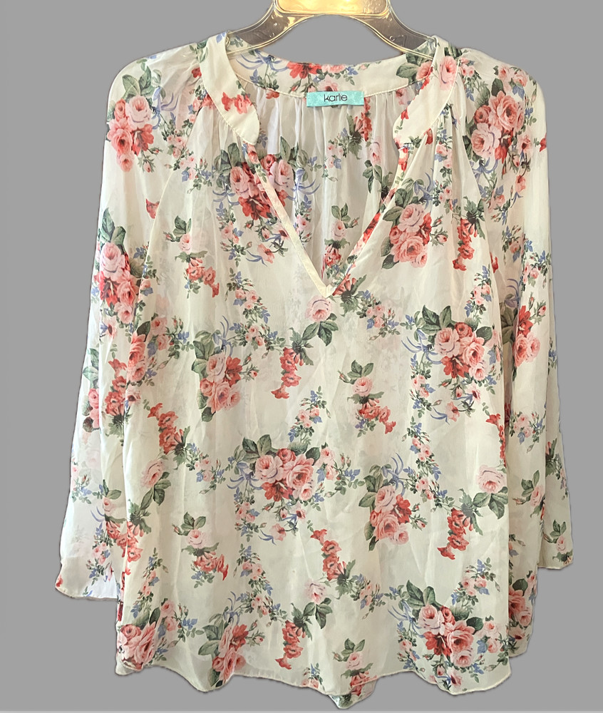 KARLIE Ivory/Pink Floral SHEER CHIFFON TUNIC TOP BLOUSE V-Neck Popover BOHO sz M
