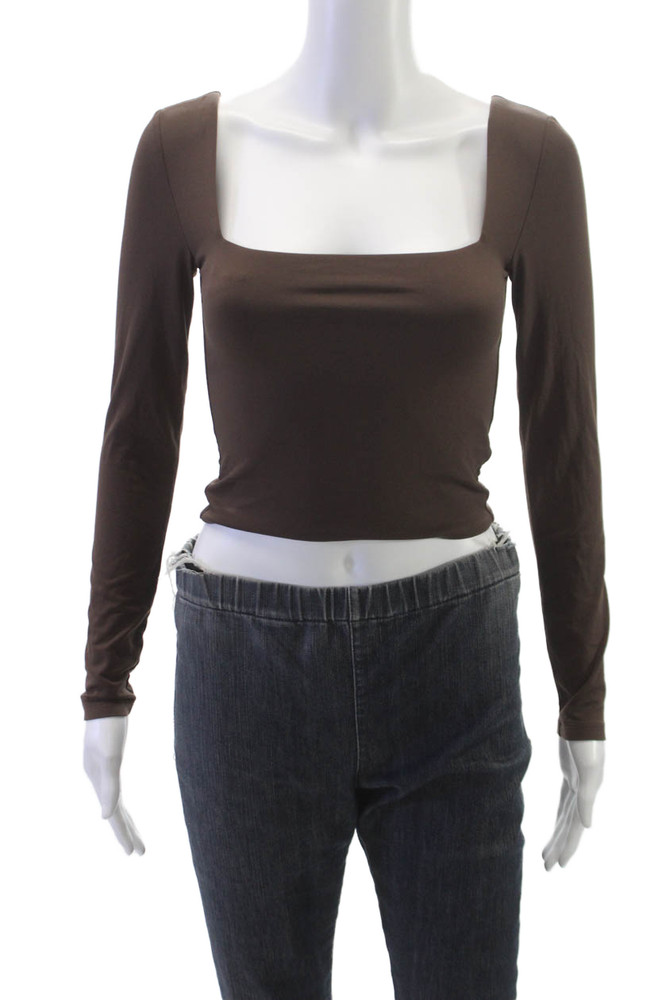 Babaton Womens Cropped Brown Nylon Square Neck Long Sleeve T-Shirt Size SFree Shipping in US $100+ Orders | $6.95 Orders Below