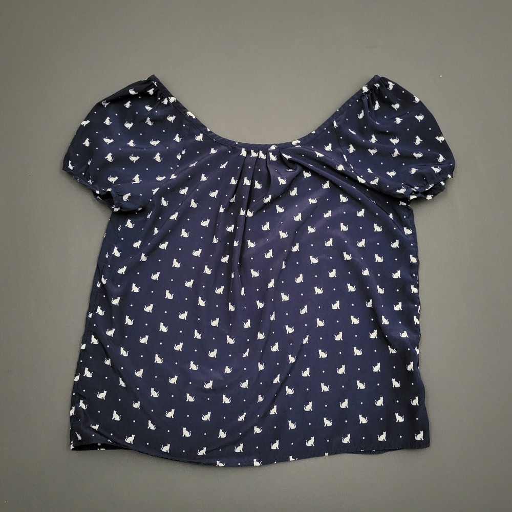 Old Navy Blouse Womens Medium M Short Puff Sleeve Cat Polka Dot Pleated Blue