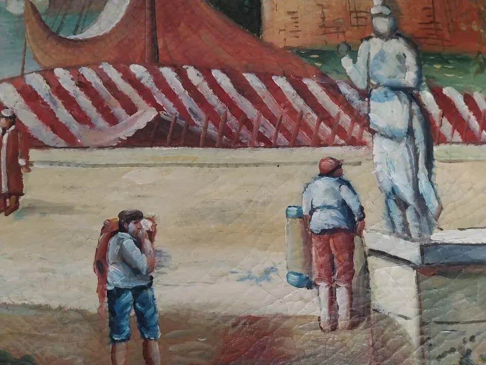 Landscape Painting MARINE PORT OIL On Linen Canvas 50x70 Cm