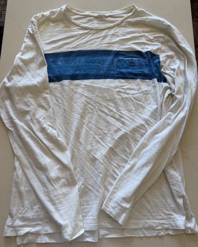 Orlebar Brown Men's White/Blue Striped Long Sleeve Crew Neck T-Shirt Size