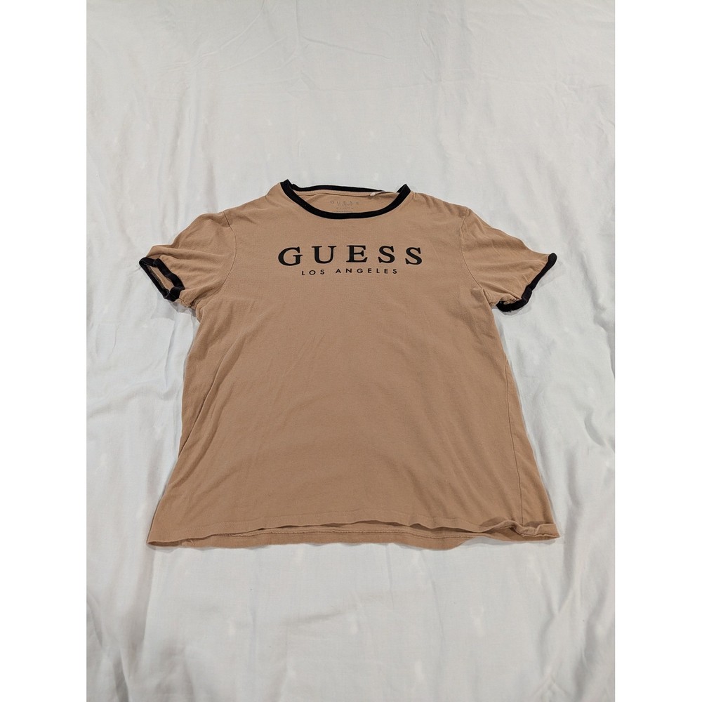 Guess Los Angeles Ringer T-Shirt Tan Brown Black Logo Mens Large Cotton Tee