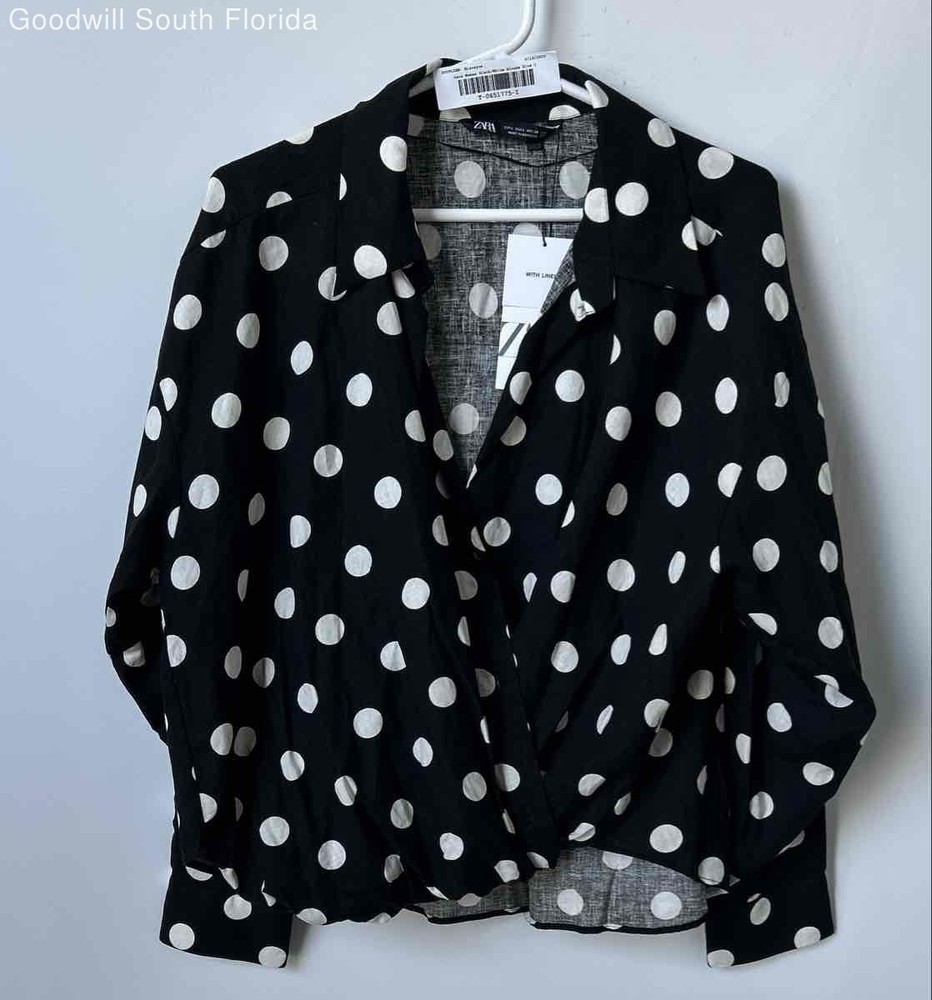 Zara Womens Black White Polka Dot Long Sleeve Blouse Top Size Large With Tags
