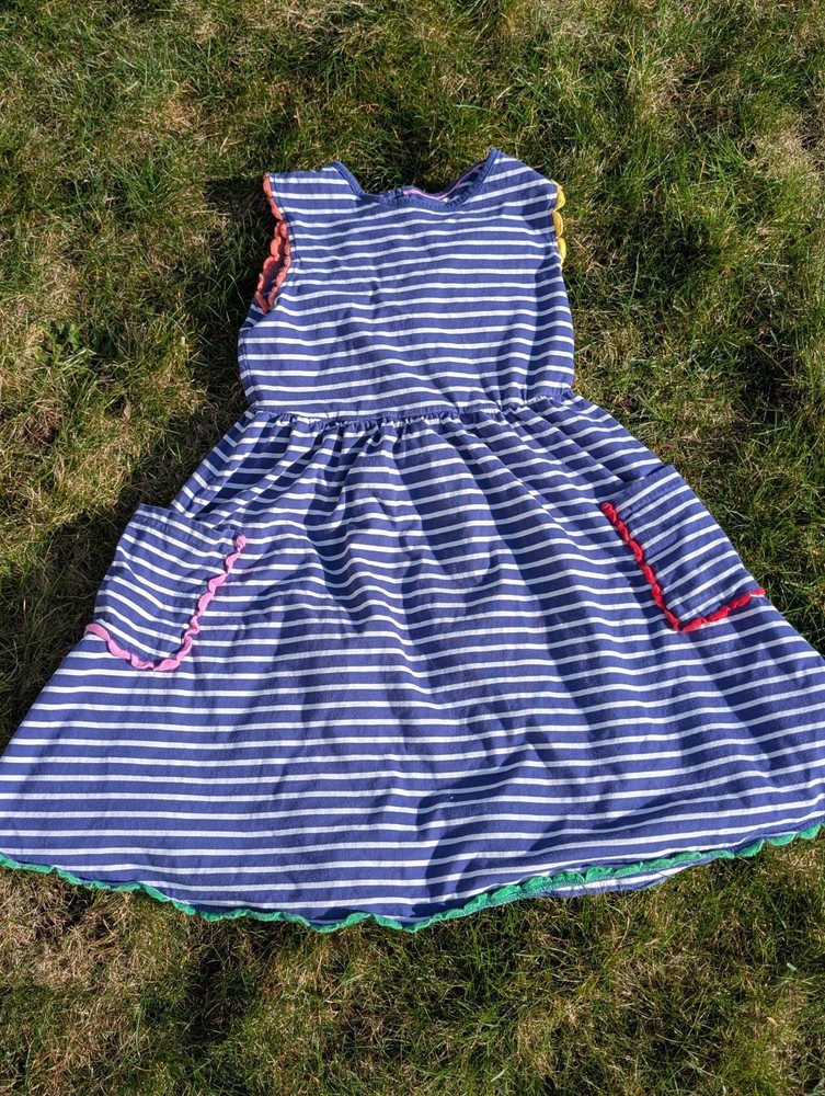Mini Boden Girls Sleeveless Blue White Striped Fit & Flare Dress 11-12Y Pockets