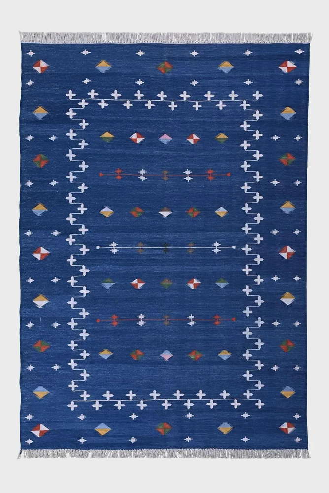 Geometric Handwoven Wool Jute Kilim Rug Color Blue Multi Design Area Carpet Rug