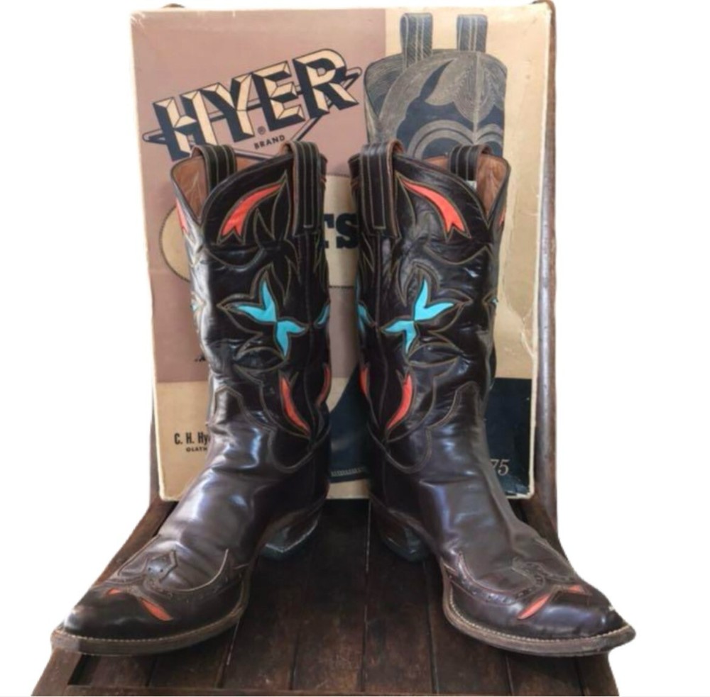 HYER Vintage Western Boots Made in USA Black Multicolor US 6B Y2K  Cowgirl