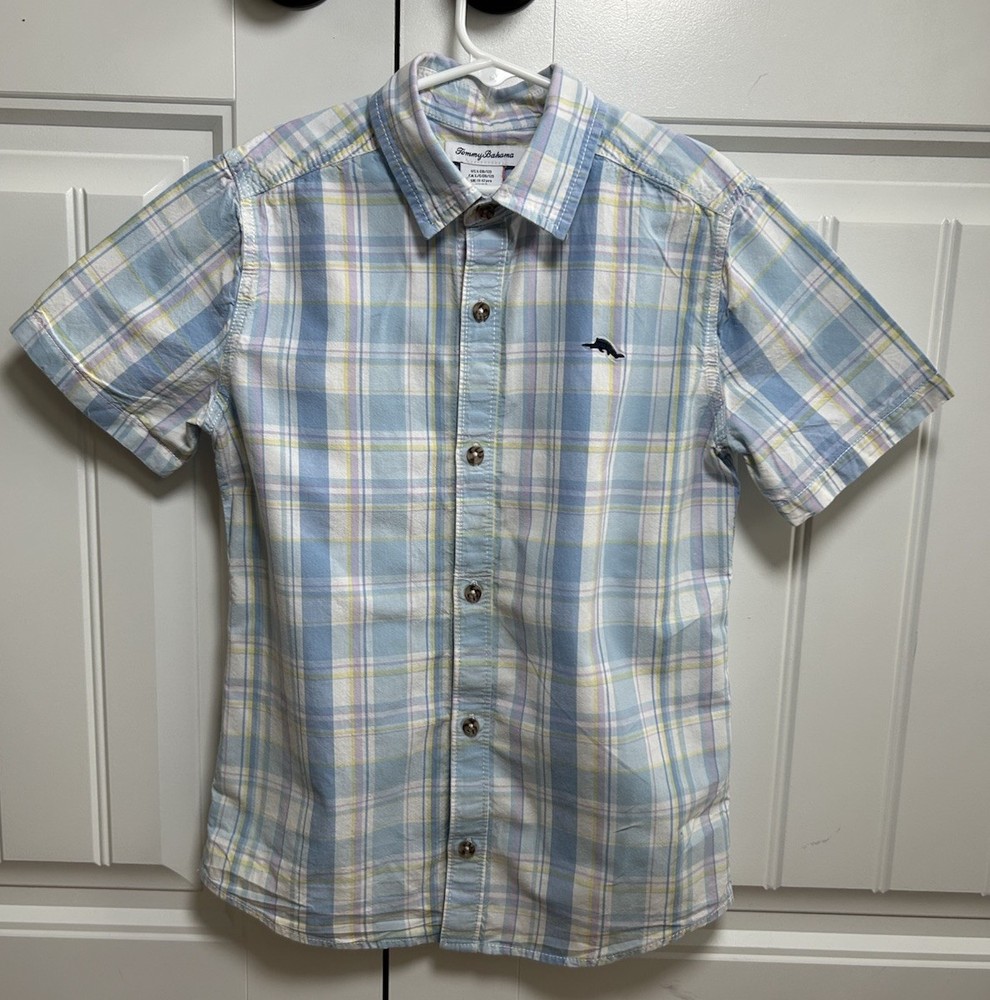 Tommy Bahama Boys Short Sleeve Shirt Sz L(10-14) Lt Blue Plaid 100% Cotton Flaw