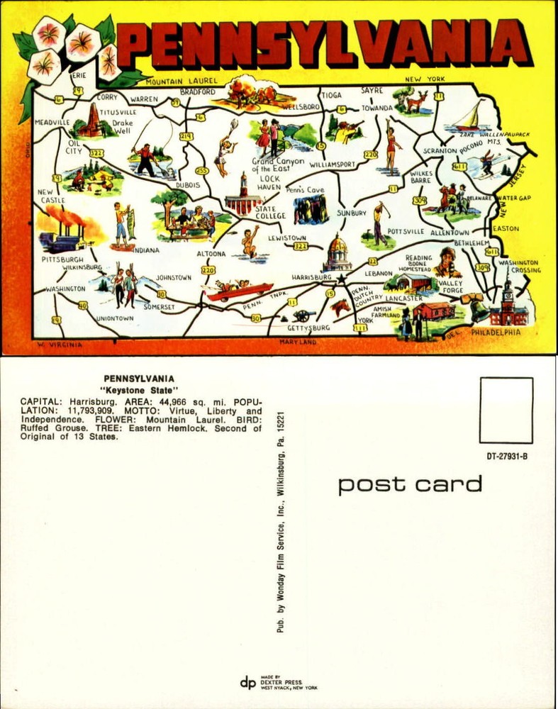Pennsylvania map postcard unused state flower Mountain Laurel