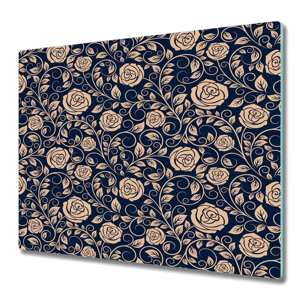 Glass Chopping Cutting Board Worktop Saver Vintage roses golden and blue 60x52