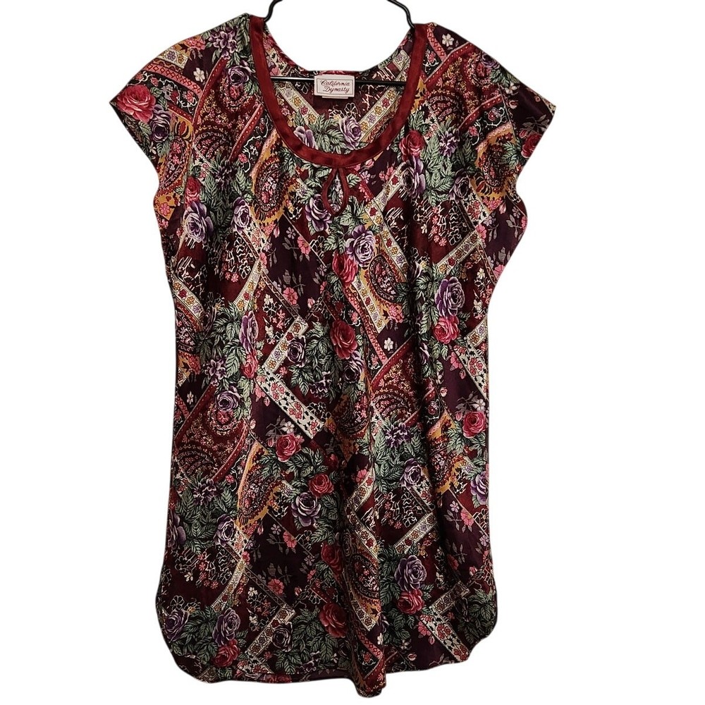 California Dynasty Multicolor Floral Silky Satin Boho Blouse Vintage Top Large