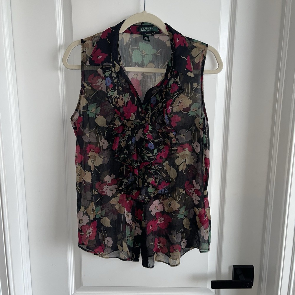 Lauren Ralph Lauren Floral Ruffle Blouse Sheer Sleeveless Black Pink Size 12