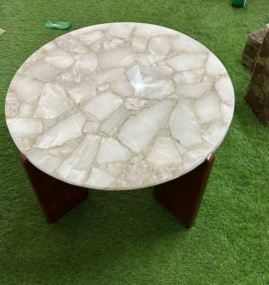 15x15 White Agate Coffee Table with Stone Tabletop for Living Room