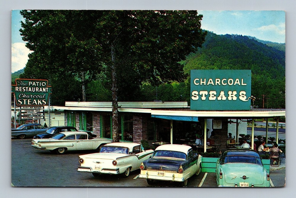 Vintage Gatlinburg The Patio Restaurant Charcoal Steaks Postcard 1961