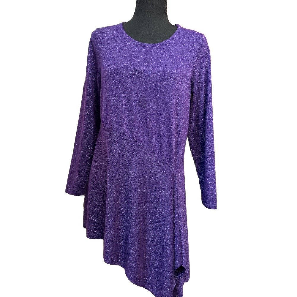 Alfani Blouse Medium Womens Tunic Top Purple Sparkle Asymmetrical Hem Glam