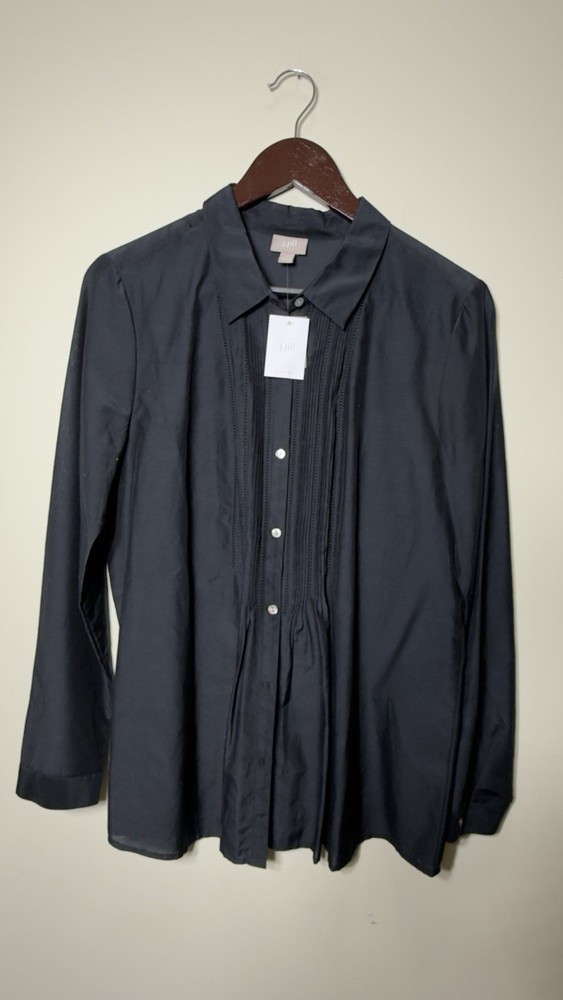 J.Jill Womens Black Semi Sheer Silk Blend Pleated Front Button Up Blouse Medium