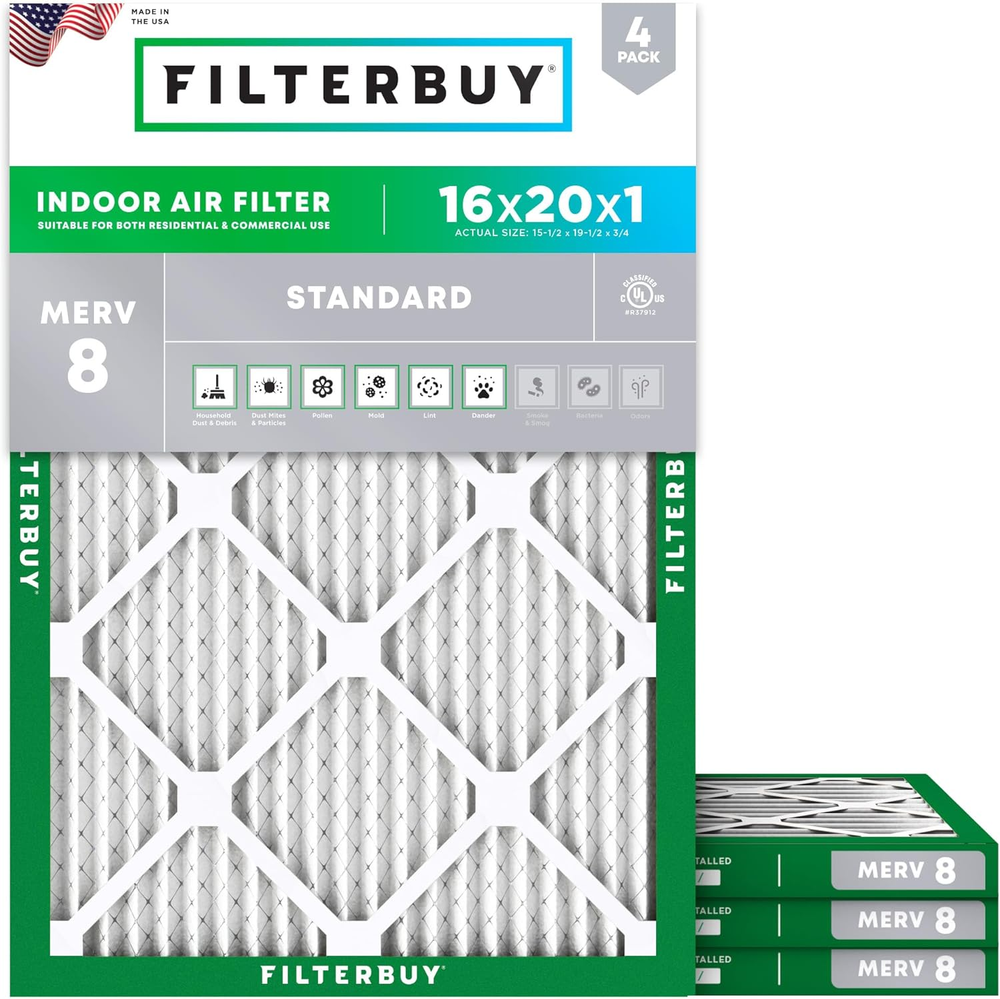 16X20X1 MERV 8 Pleated Air Filter 4-Pack for HVAC Furnace AC Dust Defense