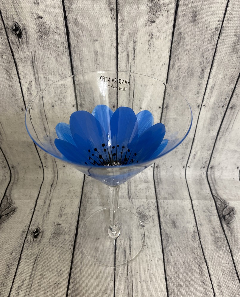 Hand Painted Blue Flower Martini Glass with Purple Floral Design - Unique Elegant Gift