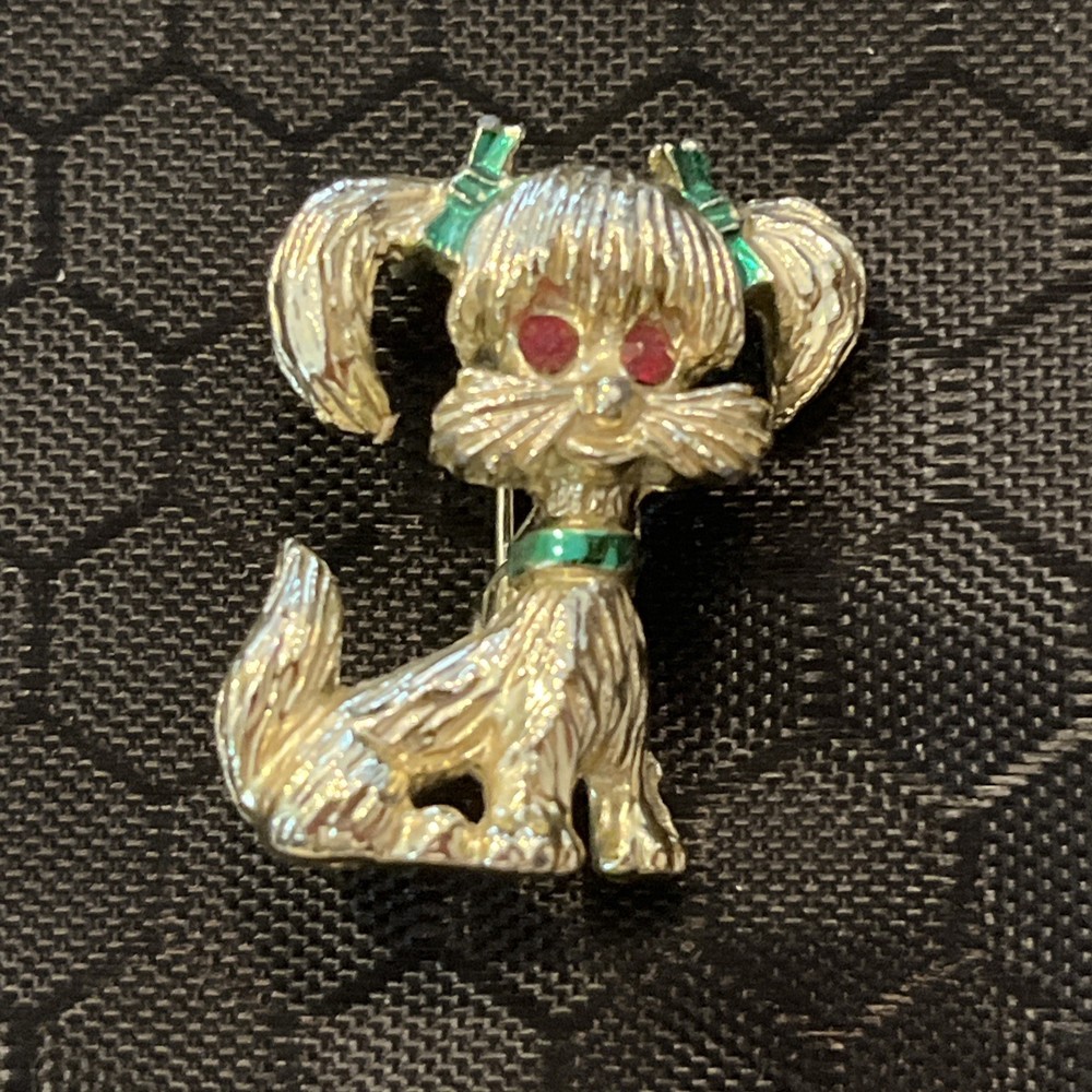 Vintage Gerry's Yorkie Puppy Green Rhinestones Gold Tone Terrier Dog Brooch Pin