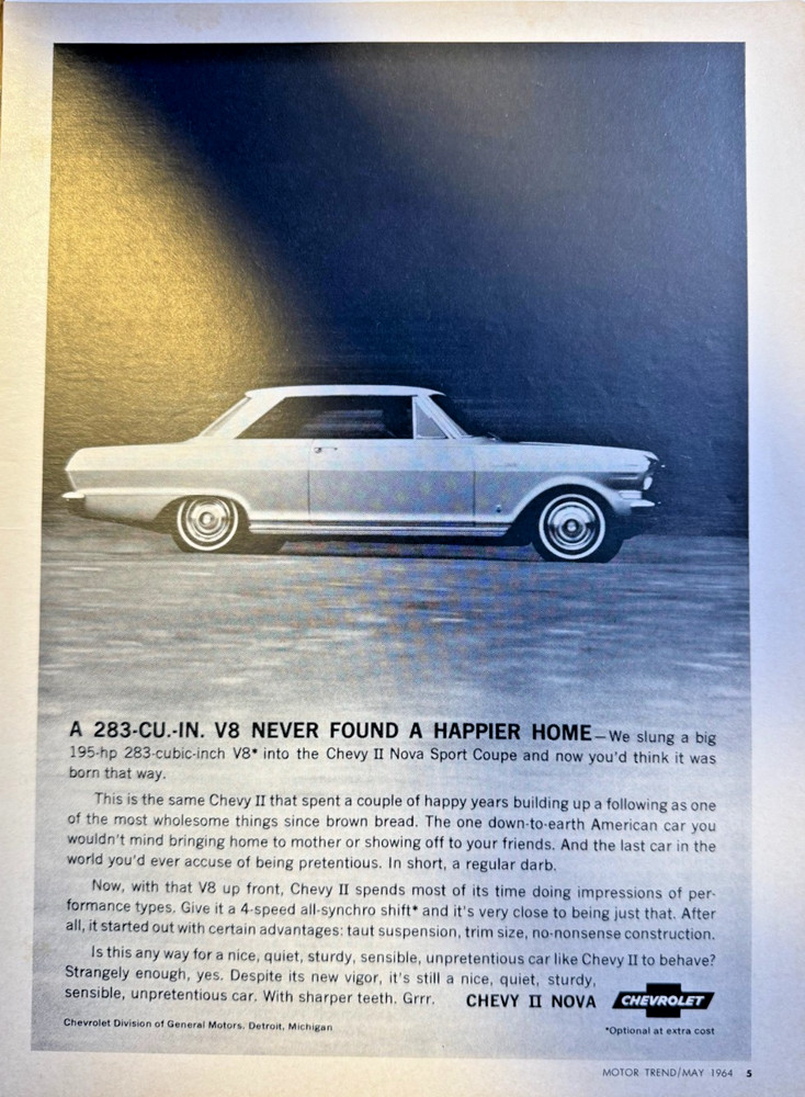 Magazine Advertisement 1964 Chevy II Nova 283 Cu. In. V-8