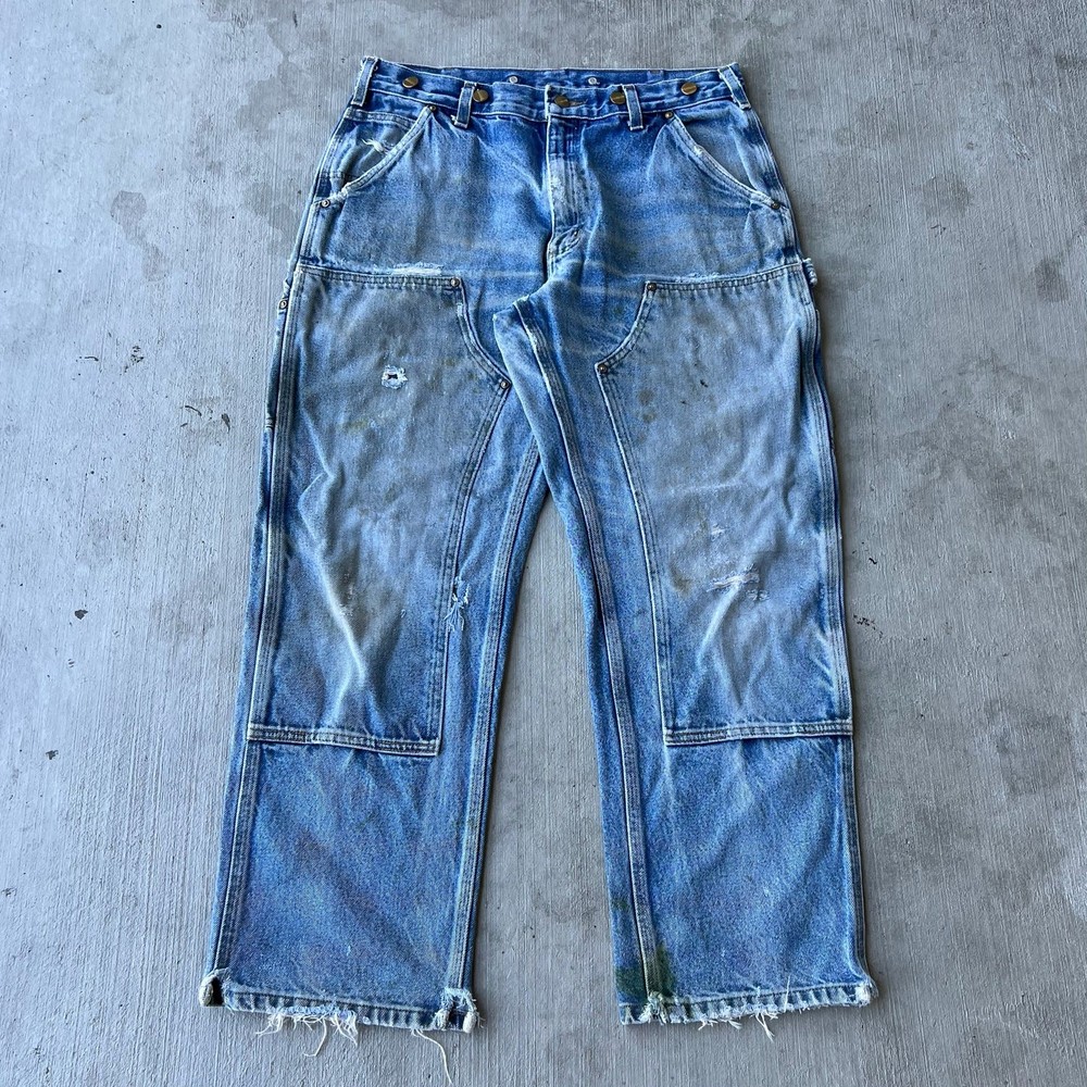 Carhartt faded denim blue jean double knee work wear carpenter pants 33x30