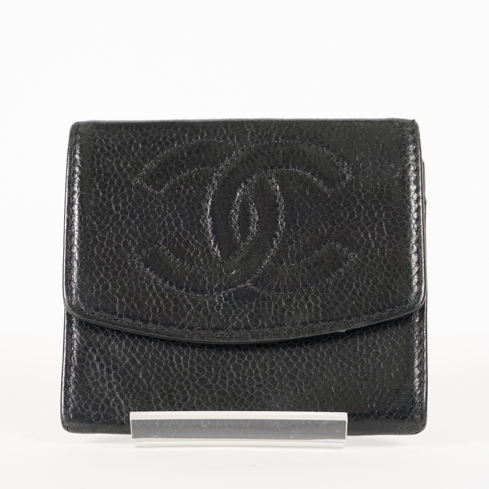 AUTH CHANEL COCO CAVIAR LEATHER BI-FOLD BLACK WALLET 01E051045005