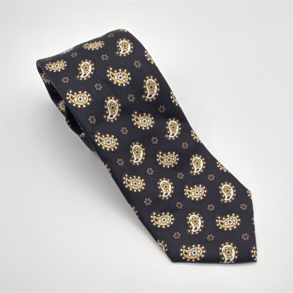 Jos. A. Bank Silk Paisley Black Gold White Designer Woven Men's Tie T16