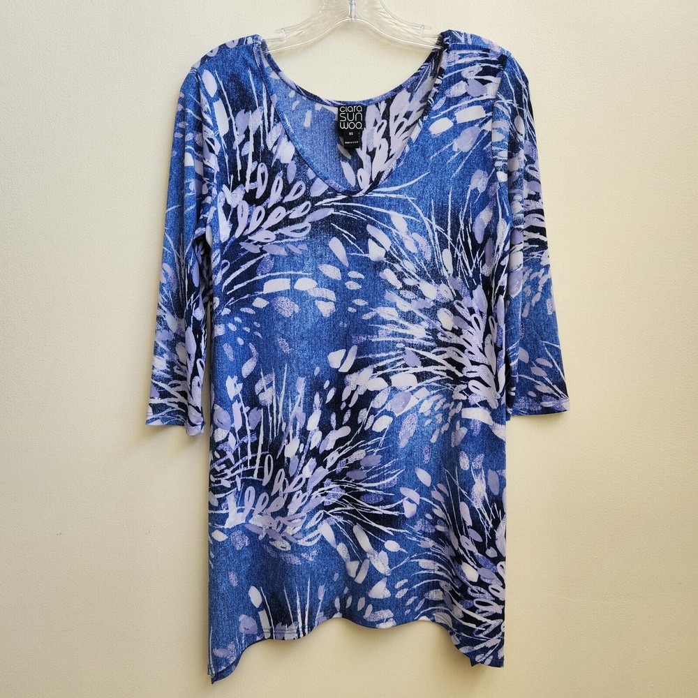 Clara Sun Woo Tunic Womens Size XSmall Blue Abstract 3/4 Sleeve Knit Top Stretch
