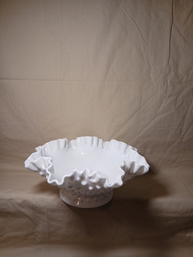 Vintage Fenton Hobnail Milk Glass Ruffled Edge Bowl  