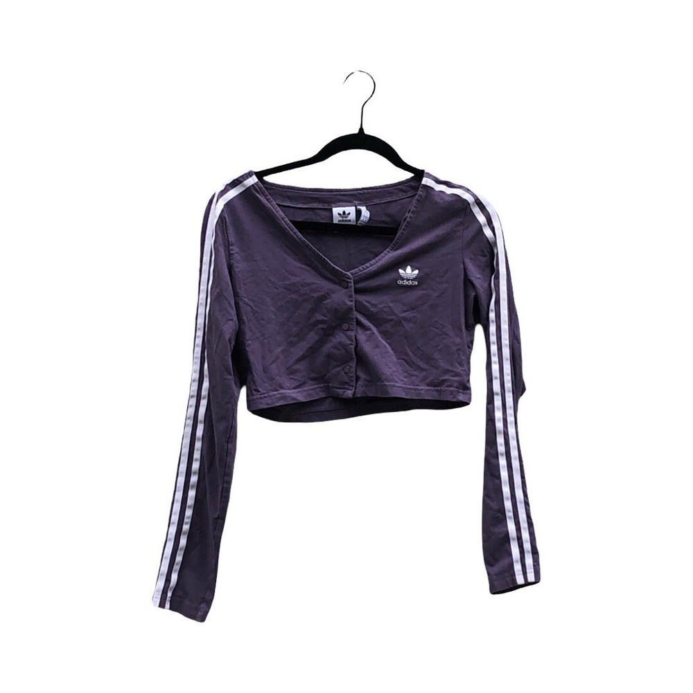 Adidas Long Sleeve Button Crop With Classic Stripes Shadow Violet Size M