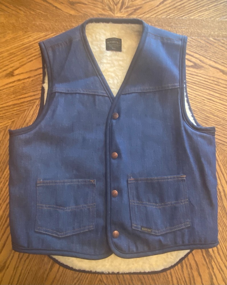 Vintage 70s Mens Genuine Roebucks Brand Sears Sherpa Lined Denim Vest Size Med