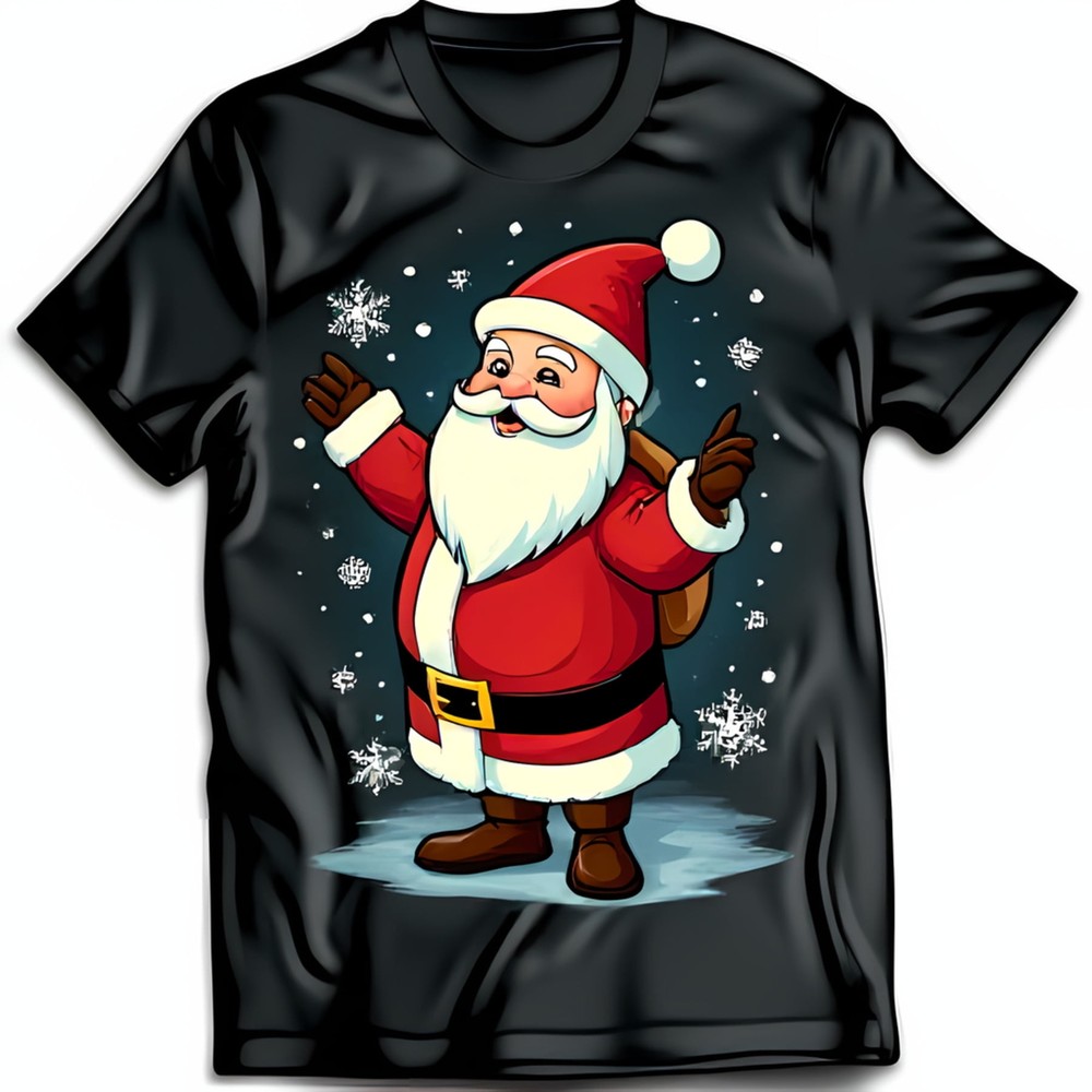 Festive Black T-Shirt with Cartoon Santa Claus & Design