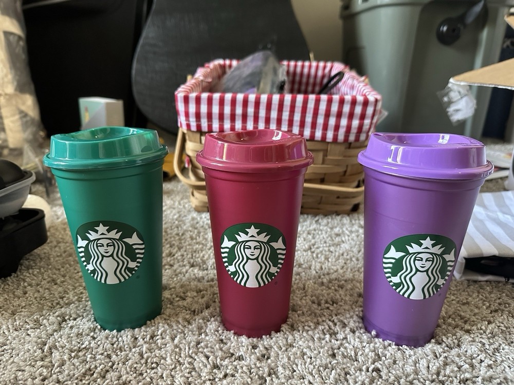 Lot Of (3) Starbucks Coffee Reusable Travel Plastic Cups 16oz w/ Lids