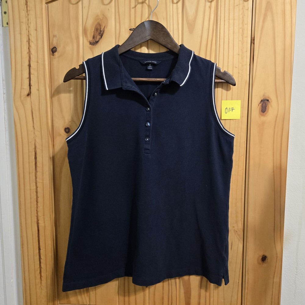 Lands' End Women's Polo Sleeveless Top Size Medium Blue White Stripe