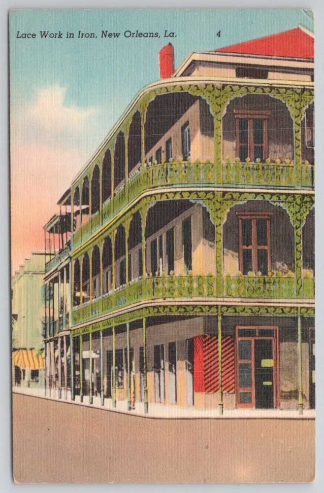 New Orleans LA Iron Lace Work Balconies Vieux Carre Linen Postcard Vintage