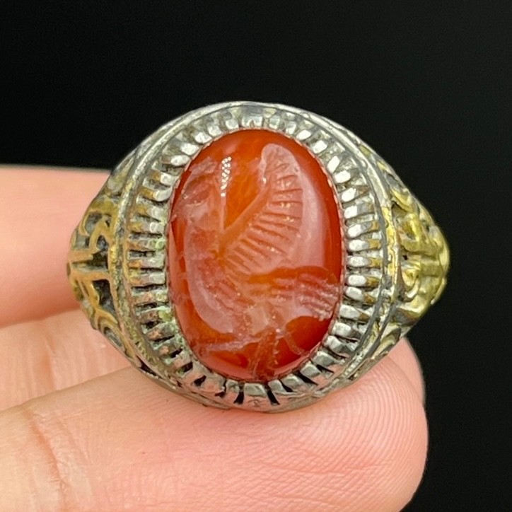 Ancient Roman Bronze Ring With Intaglio Stone Insert
