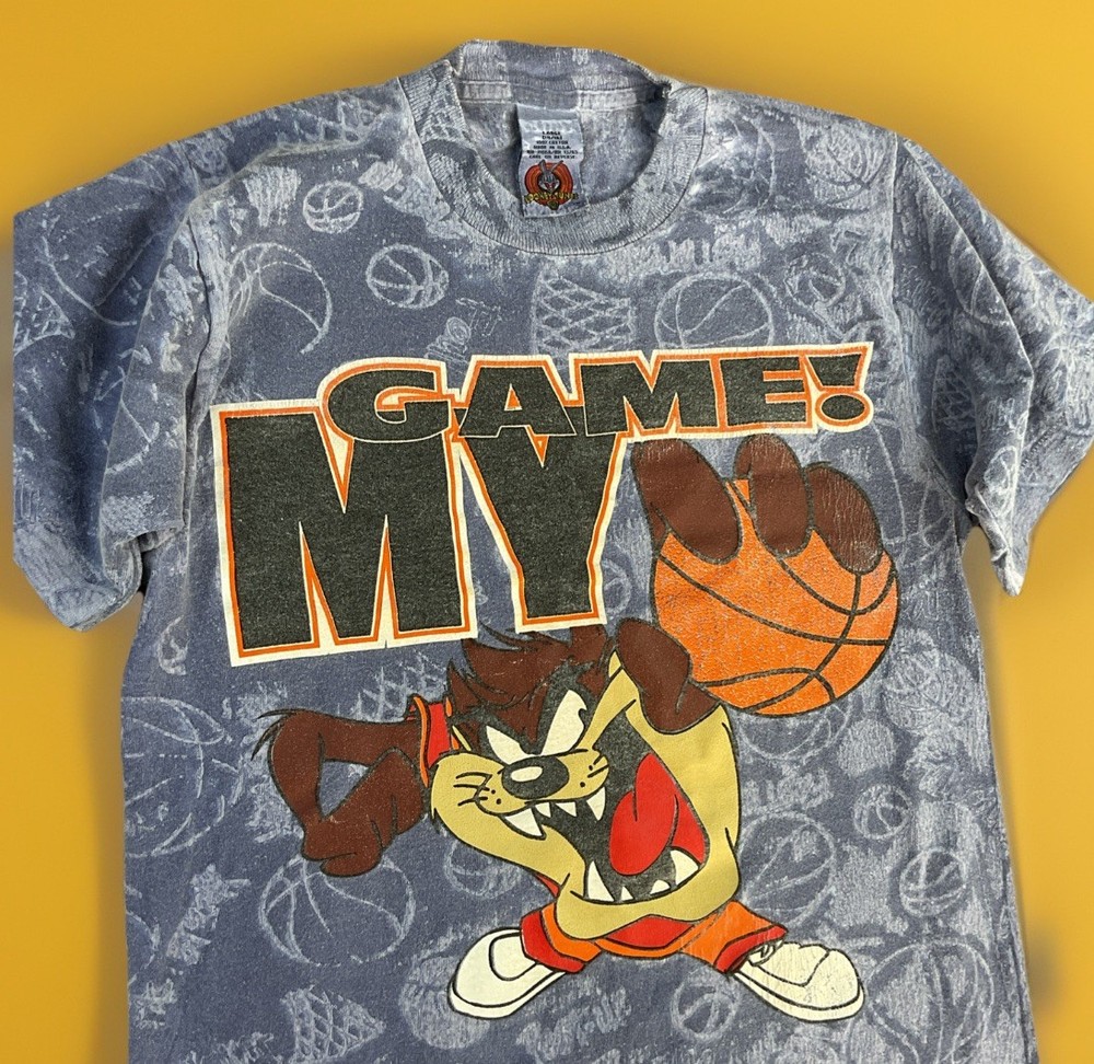 Vintage Looney Tunes T-Shirt Kids Sz L Taz Game Basketball AOP 90s Single Stitch